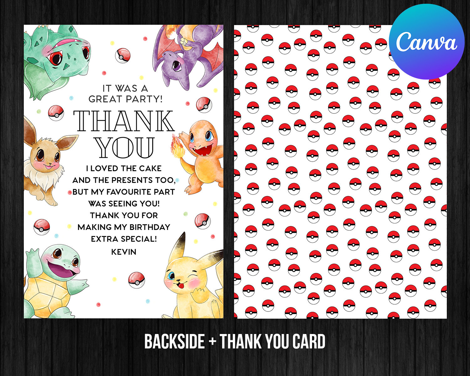 Pikachu Thank You Card Birthday Boy Editable Template Canva Printable Instant Download Digital or Printed