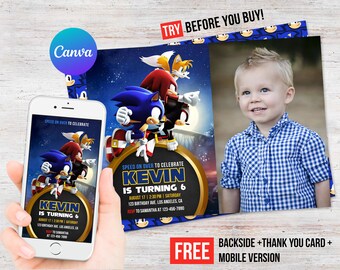 Sonic the Hedgehog Birthday Boy Invitation Photo Picture Electronic Thank You Card Instant Download Mobile Phone Evite Editable Template