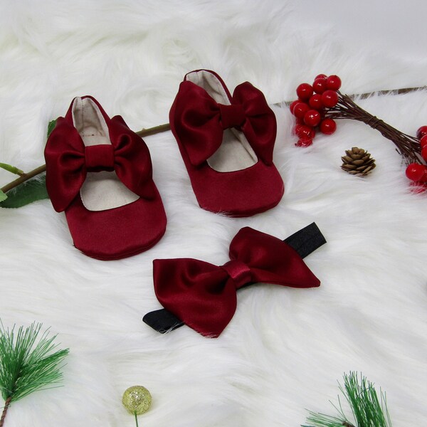 Baby Girl Shoes,Toddler girl shoe,Burgundy satin flower girl bridal shoe,Mary Jane shoes, newborn girl shoe, 6-9months old baby bow shoe,