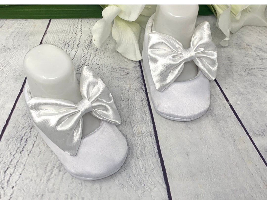 Elegant White Satin Bow Baby Girl Shoes for Christenings, Birthdays ...