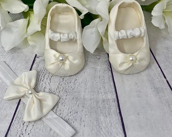 Personalized Ivory Satin Baby Shoe Set: Handmade Flower Girl Christening Shoes