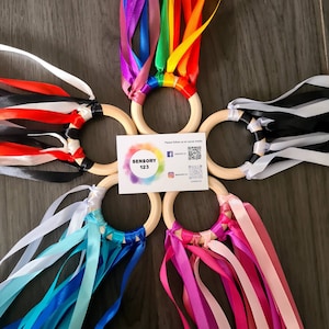 Sensory Wooden Ribbon Ring Baby Toy | High contrast | Rainbow | Pink | Purple | Blue | Black | White | Baby shower gift