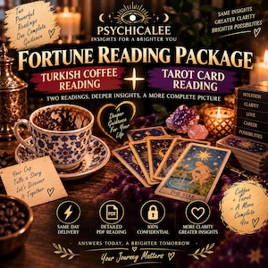 May include: A fortune reading package featuring a Turkish coffee cup with floral patterns, a deck of tarot cards including The Star, and text reading Psychicalee Fortune Reading Package, Turkish Coffee Reading, and Tarot Card Reading.