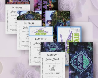 May include: A collection of rectangular paper cards designed as theme park fast passes. The cards feature titles like Guardians of the Galaxy Cosmic Rewind, Space Mountain, and Na'vi River Journey, with printed text including John Smith and June 21 2025.