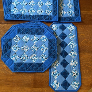 Quilted Placemat and Runner Set: Blue Floral Cotton, Rectangular or Octagonal, Handmade