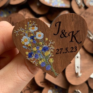 Custom rustic blue yellow heart shaped boutonniere, engraved wedding pin, wooden hearts, name pins, wedding gift guest, wedding keepsake