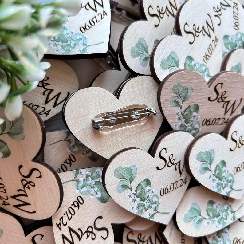 Personalized Wedding Pins for Guests Name Tags Wood Heart Wedding Boutonnieres in Bulk Engraved Custom Wedding Pins in Bulk Save the Date image 3
