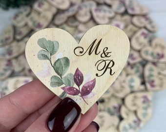 Personalized wooden name hearts, custom heart brooch with initials, wedding guest favors, wooden guests boutonnieres, eucalyptus wedding