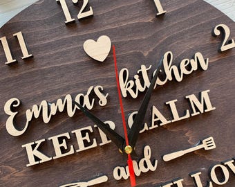 Rustic kitchen clock, wood engraved clock, kitchen wall decor, clock for kitchen, handmade wood clock, personalized clock, gift for cooker