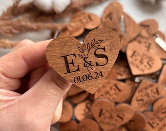 Wooden engraved wedding hearts, wedding save the date, laser engraving initial pins, unique wedding boutonniere, wedding gift for guest