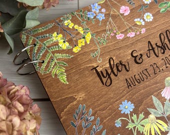 Boho Hochzeitsbuch, Familienfotoalbum, Gästebuch Hochzeit, Blumengästebuch, Hochzeitsalbum mit Gravur, Namensbuch aus Holz, rustikales Album aus Holz