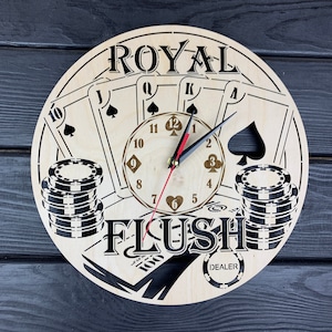 Horloge en bois de cartes de poker, décoration murale de casino, art mural de poker, art mural de salle de jeux, cadeau de joueur de poker, affiche de poker