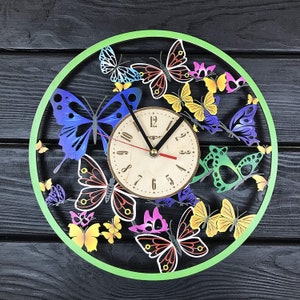 Wooden butterflies clock, colored butterflies wall clock, butterflies lover gift, nursery wall clock, colorful wall clock, mother day gift