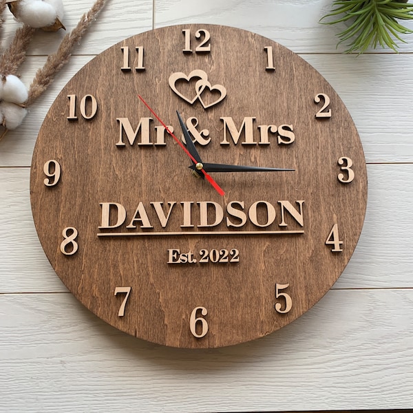 Personalized 5th Anniversary Gift for Him Her Wood Housewarming Gift Clock Family Name Sign Gift 5 Year Wooden Anniversary Wood Wedding Gift