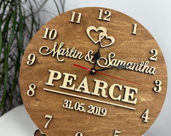 Boho wood engraved clock, personalized family name clock, ideas clock decor, handmade wood clock, custom name clock, housewarming ideas