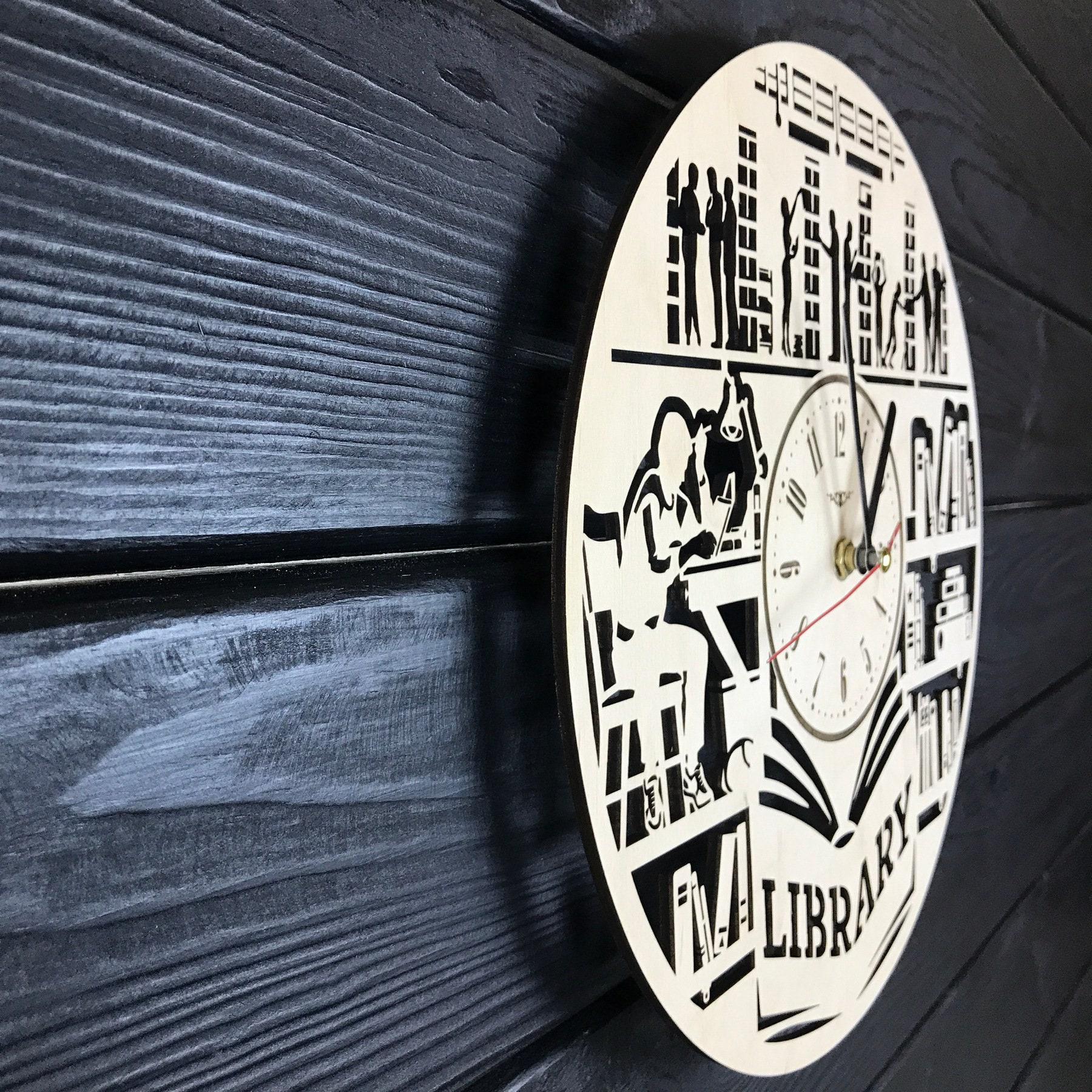 Library Wall Clock Wood Gift for Men Women 5th Anniversary Reading ...