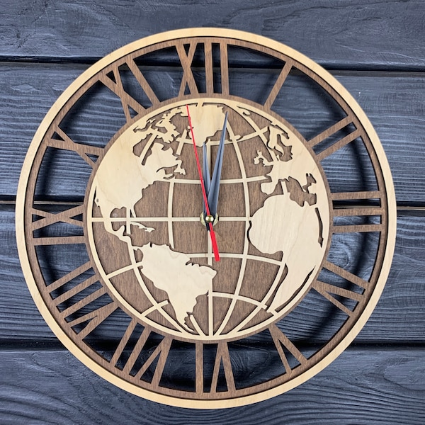 World Map Wall Clock Wood Office World Map Hanging Poster Globe Gift For Men Women 3D World Map Signs Globe Wall Art Personalized Map Clock
