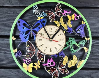 Colourful butterfly clock, wall wooden decor, butterflies wall clock, large wall clock, wall decor bedroom, modern engraved wall clock