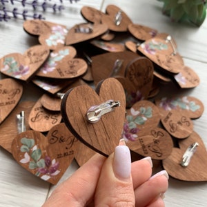 Wedding Boutonniers for Guests Wood Tags Heart Shaped Pins In Bulk Engraved Wedding Pins Save the Date Boutonniers in Bulk Wedding Name Tags image 3