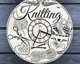 Knitting Wall Clock Gift For Men Women 5th Anniversary Gift Personalized Knitting Poster Custom Knitting Wall Hanging Wood Knitting Decor