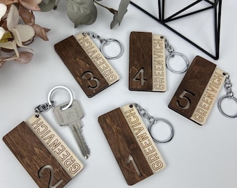 Engraved wood key, room number tag, custom logo keychain, numbers keyrings, custom hotel key tag, hotel room keychain, personalized key tag