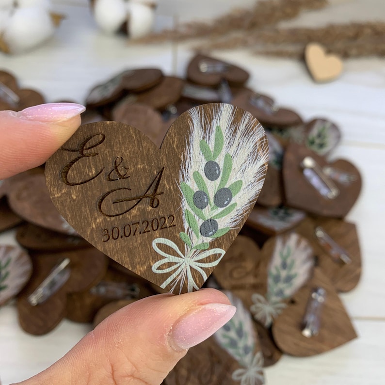 Wedding heart shaped boutonniere, custom wood name brooch,  wedding keepsake, save the date favor, wooden hearts