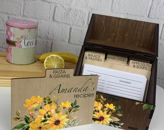 Rustic flower recipe boxes, wooden simple recipe box, recipe box and cards, recipe organizer, wooden recipe cards, recipe card dividers