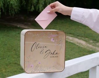 Boho card box for wedding, card box with slot, container for wishes, custom wedding box, post box for cards, personalized wooden money box