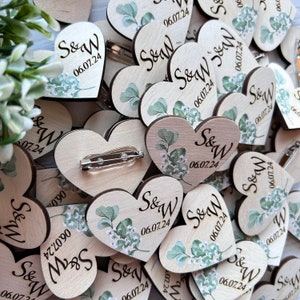 Personalized Wedding Pins for Guests Name Tags Wood Heart Wedding Boutonnieres in Bulk Engraved Custom Wedding Pins in Bulk Save the Date image 5