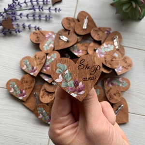 Wedding Boutonniers for Guests Wood Tags Heart Shaped Pins In Bulk Engraved Wedding Pins Save the Date Boutonniers in Bulk Wedding Name Tags image 1