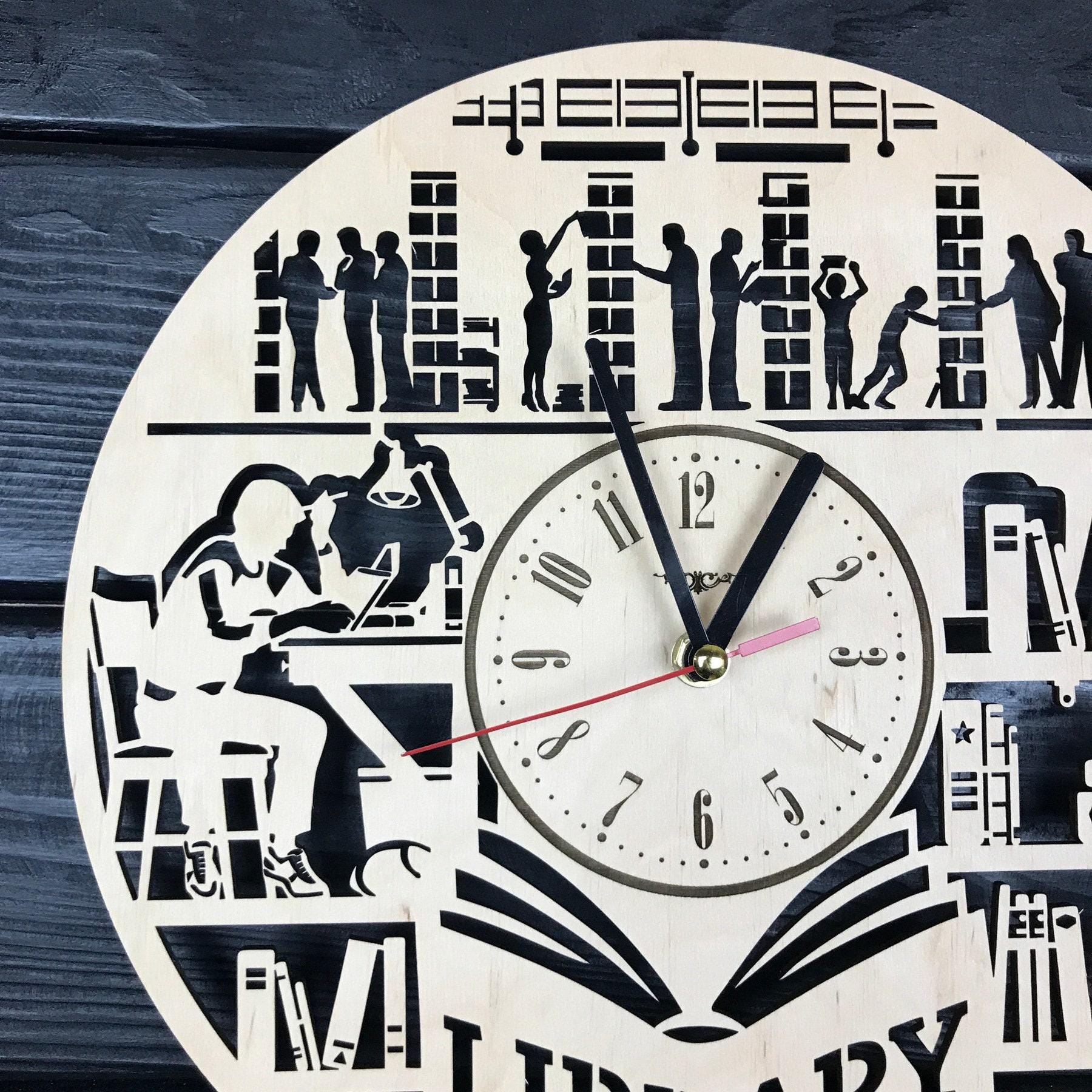 Library Wall Clock Wood Gift for Men Women 5th Anniversary Reading ...