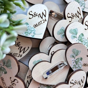 Personalized Wedding Pins for Guests Name Tags Wood Heart Wedding Boutonnieres in Bulk Engraved Custom Wedding Pins in Bulk Save the Date image 6