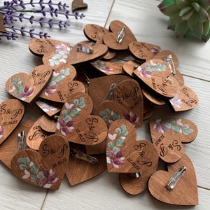 Wedding Boutonniers for Guests Wood Tags Heart Shaped Pins In Bulk Engraved Wedding Pins Save the Date Boutonniers in Bulk Wedding Name Tags image 5
