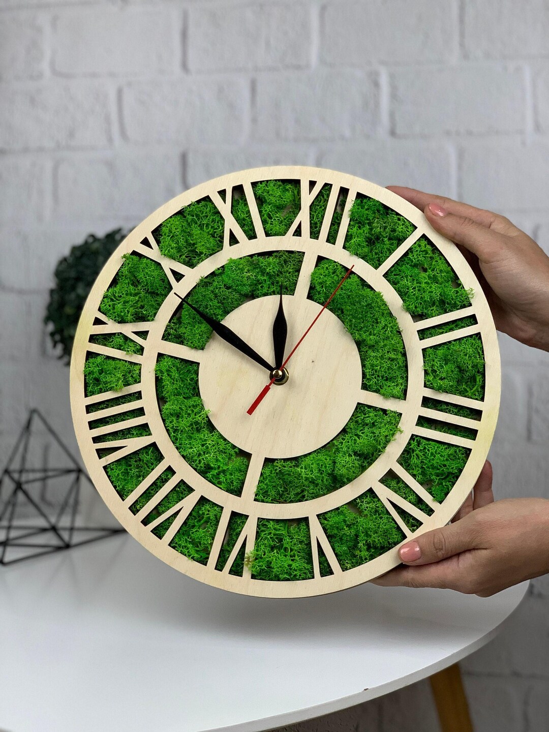 Large Wall Clock With Moss, Wood Wall Clock, Wall Moss Art, Rustic Wood ...