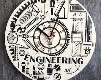 Engineering  Wall Clock Wood Gift For Men 5th Anniversary Gift Personalized Engineering Poster Wood Hanging Custom Engineering Wood Cutout