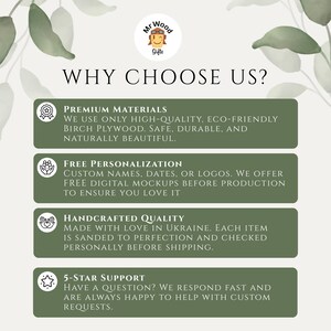 The image is a promotional poster for a company that offers premium materials, free personalization, handmade quality, and 5-star support.