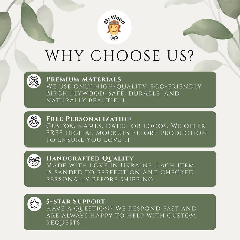 The image is a promotional poster for a company that offers premium materials, free personalization, handmade quality, and 5-star support.