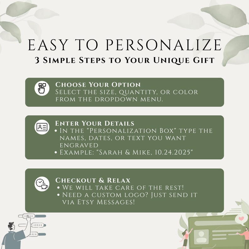 The image is a promotional graphic for a gift customization service. It features a person holding a gift box, with text and images providing information about the service.