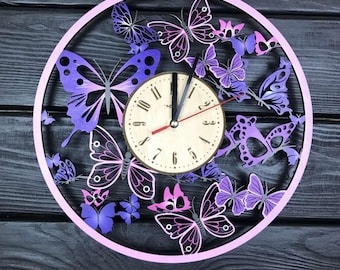 Butterfly wall clock, pink nursery clock, engraved butterflies sign, mothers day present
