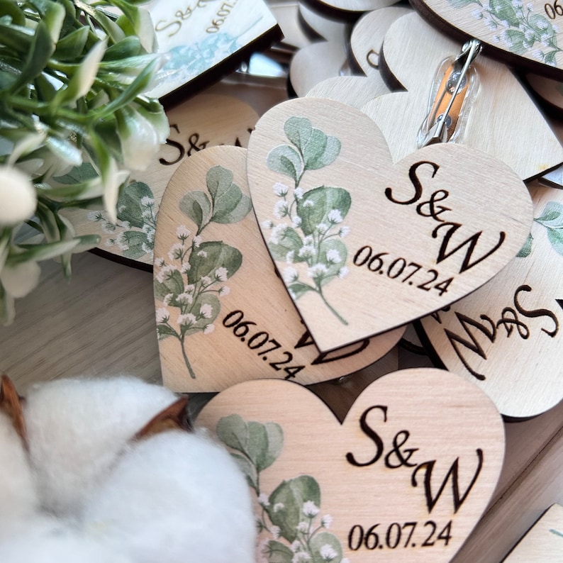 Personalized Wedding Pins for Guests Name Tags Wood Heart Wedding Boutonnieres in Bulk Engraved Custom Wedding Pins in Bulk Save the Date image 2