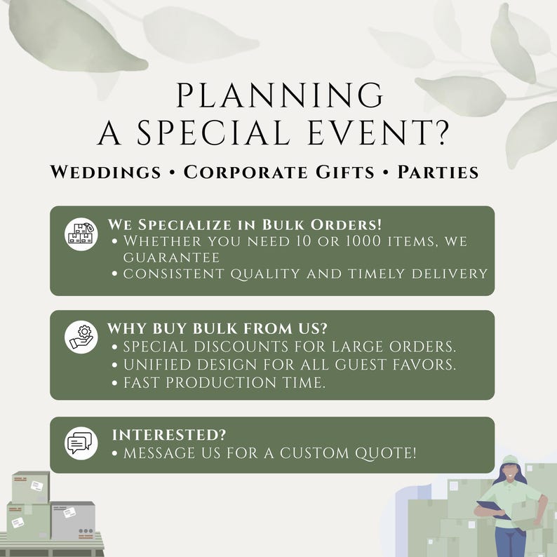 The image is a promotional graphic for a company that specializes in bulk orders for events such as weddings, corporate gifts, and parties. It features a person standing in front of a desk with various items on it, and there are three main sections of text and icons.