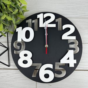 Black white wall clock, wood wall clock, personalized clock, round wall clock, housewarming gift, office wall clock, living room clock