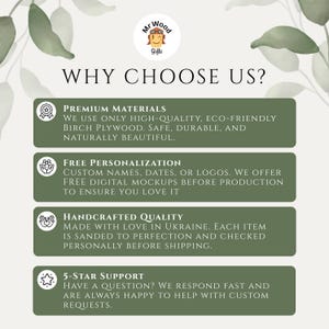 The image is a promotional poster for a company that offers premium materials, free personalization, handmade quality, and 5-star support.