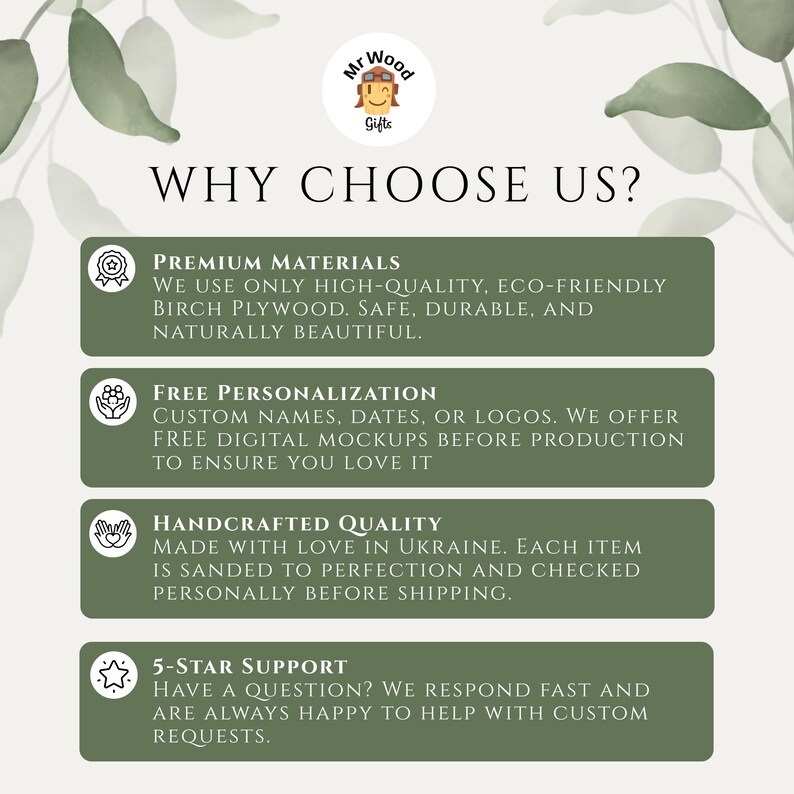 The image is a promotional poster for a company that offers premium materials, free personalization, handmade quality, and 5-star support.