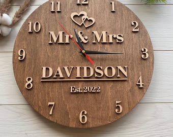 Personalized 5th Anniversary Clock, Wood Housewarming Gift, Family Name Sign, Gift for Him Her