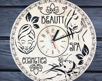 Beauty Salon Wall Clock Gift For Men Women 5th Anniversary Gift Personalize Cosmetics Poster Custom Beauty Salon Wood Wall Spa Center Decor