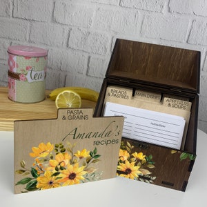 Cajas de recetas con flores rústicas, caja de recetas sencilla de madera, caja de recetas y tarjetas, organizador de recetas, tarjetas de recetas de madera, divisores de tarjetas de recetas