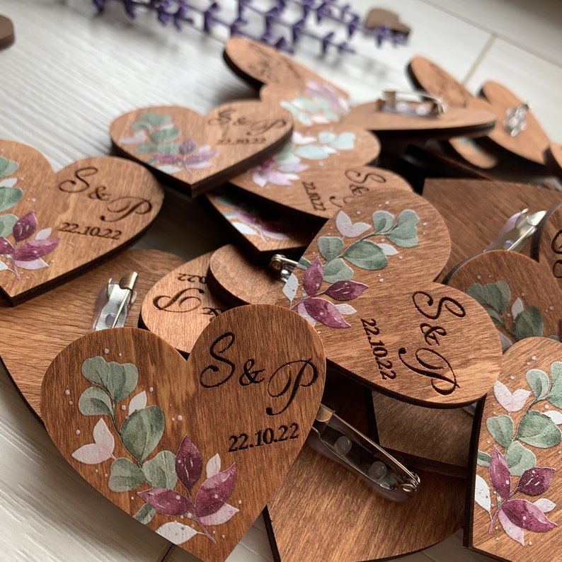 Wedding Boutonniers for Guests Wood Tags Heart Shaped Pins In Bulk Engraved Wedding Pins Save the Date Boutonniers in Bulk Wedding Name Tags image 6