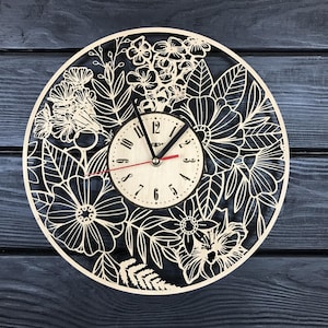 Flower Wall Clock, Rustic Wood Decor, Silent Non Ticking, Boho Wildflower Art, Farmhouse Style