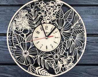 Flower Wall Clock, Rustic Wood Decor, Silent Non Ticking, Boho Wildflower Art, Farmhouse Style